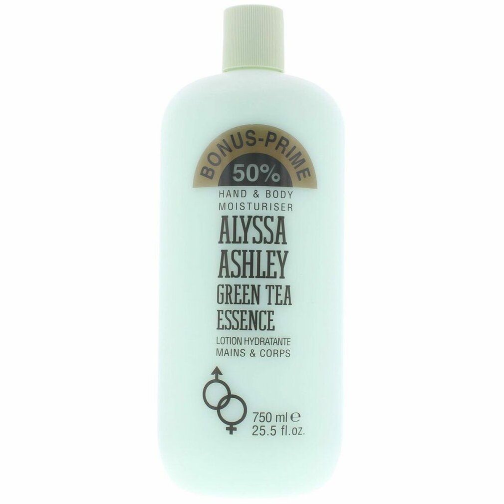Grüne Flasche mit Aufschrift Alyssa Ashley Green Tea Essence Hand & Body Moisturiser. Enthält 750 ml.
