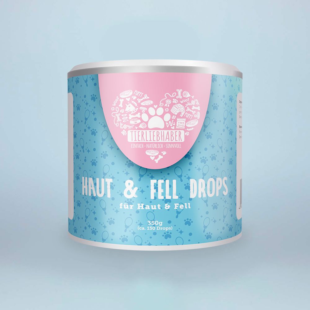Dose mit Produktaufschrift "Tierliebhaber Haut & Fell Drops". Rosa Herz-Logo, blauer Hintergrund mit Pfotenabdrücken.