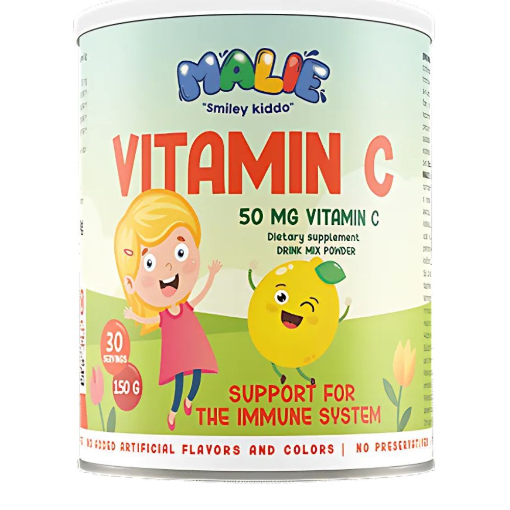 Runde Dose mit MALIE Vitamin C. Aufschrift: 50 MG Vitamin C, Dietary supplement, Drink Mix Powder. Illustrationen: Kind und Zitrone.