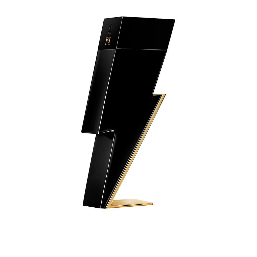 Schwarzer Flakon in Blitzform mit goldfarbenem Sockel. Logo 'H' auf dem Flakon. Steht aufrecht.