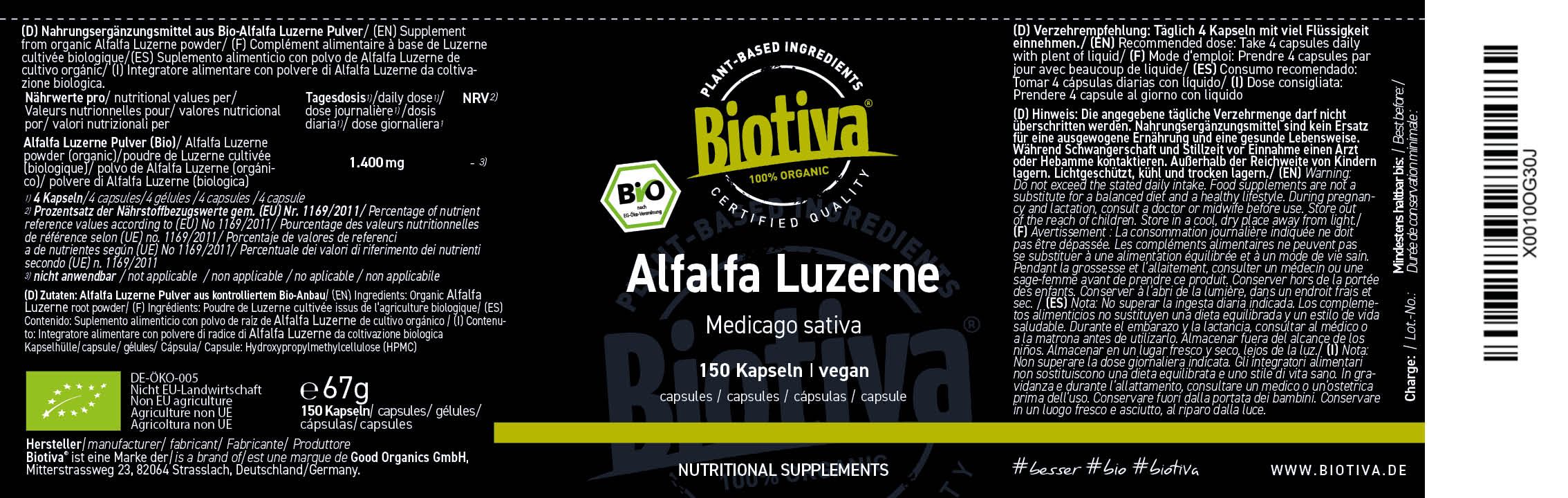 Schwarzes Etikett mit Text. Biotiva-Logo, Alfalfa Luzerne, Bio-Siegel. Text in Deutsch. 150 Kapseln, vegan.