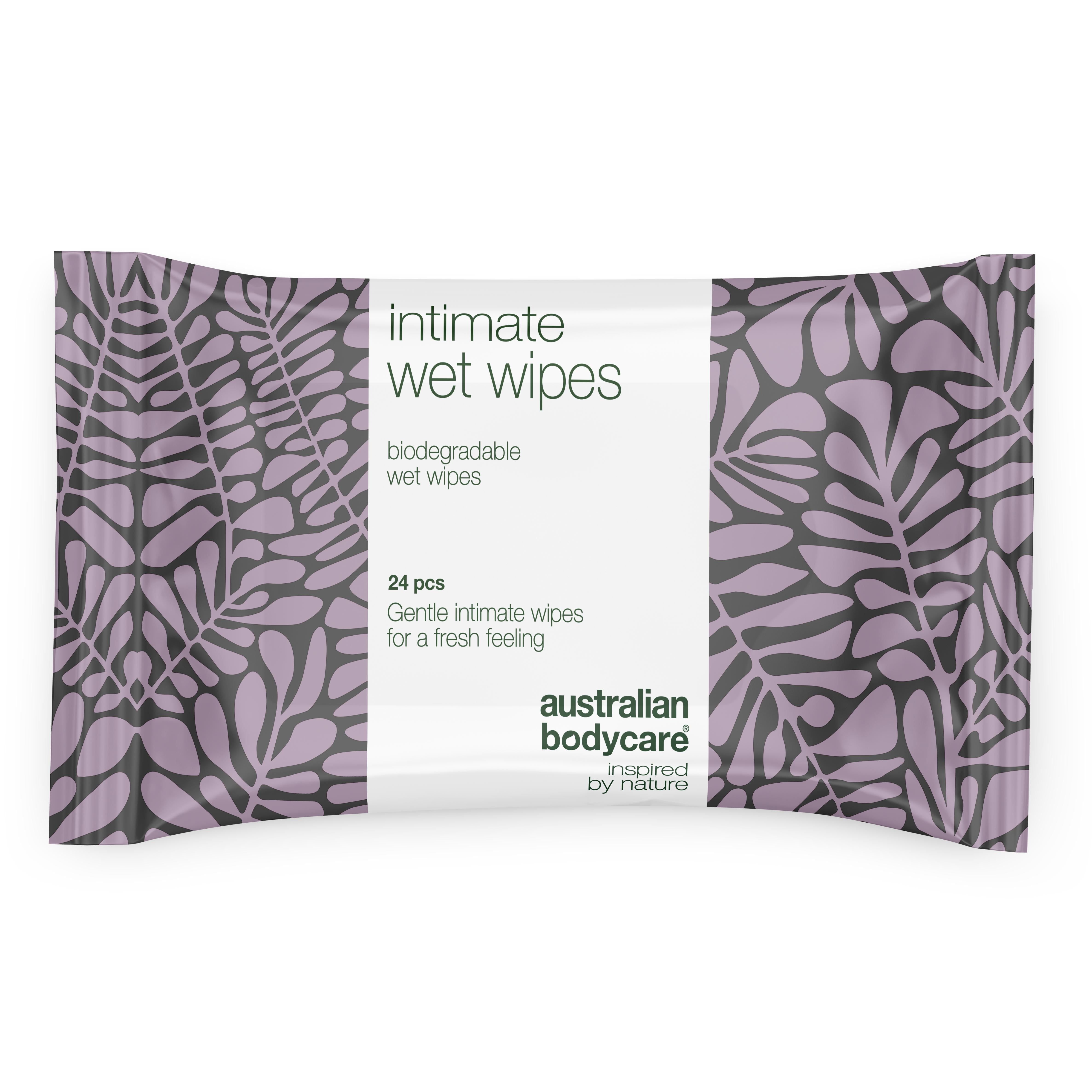 Intim-Feuchttücher, 24 Stück. Verpackung mit floralem Muster. Enthält Teebaumöl. Marke: Australian Bodycare.