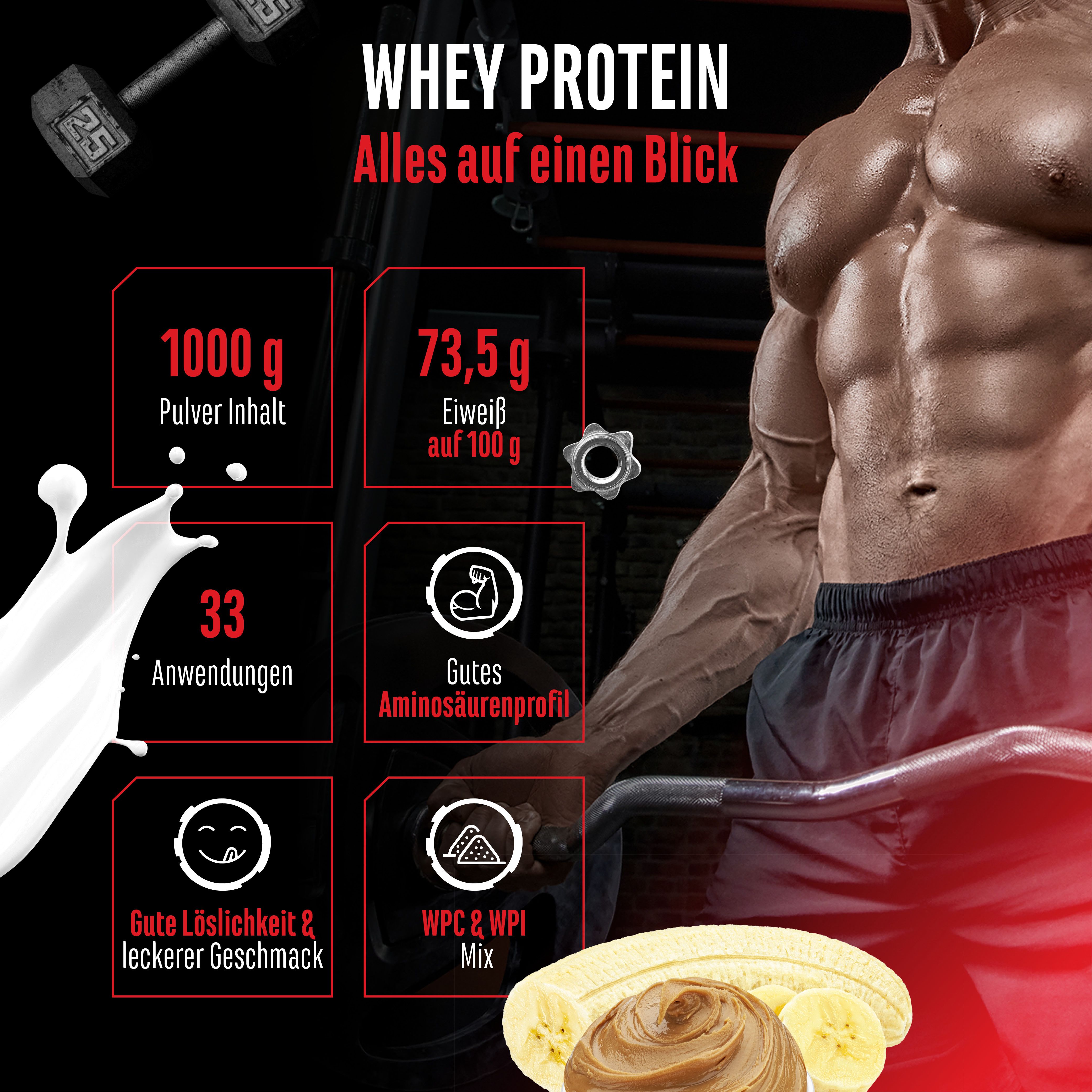 Grafik mit Informationen zu Whey Protein. Enthält 1000g Pulver, 73,5g Eiweiß pro 100g, 33 Anwendungen, Aminosäurenprofil.