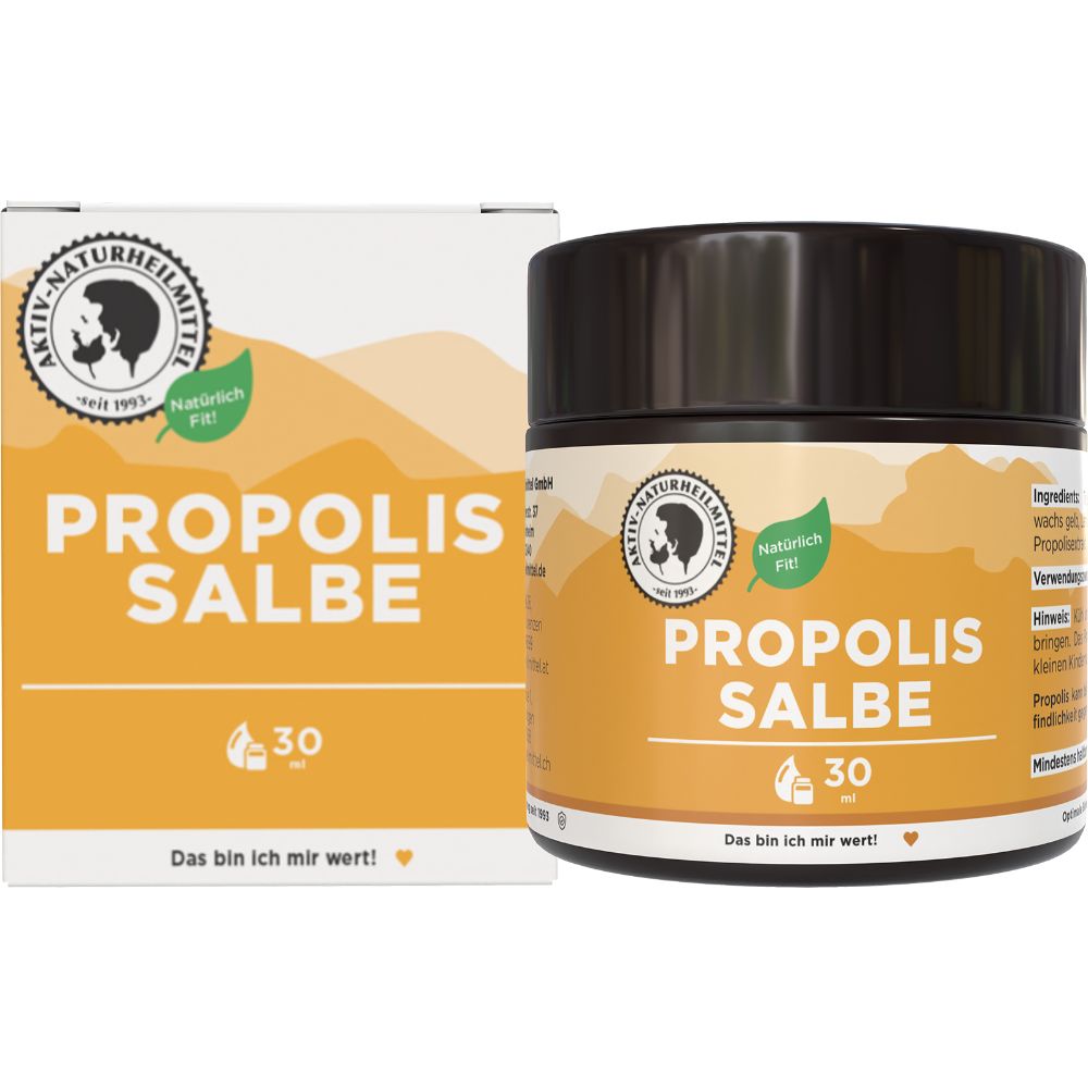 Produktverpackung mit Dose und Schachtel. Dose mit Aufschrift Propolis Salbe. Schachtel mit Logo.