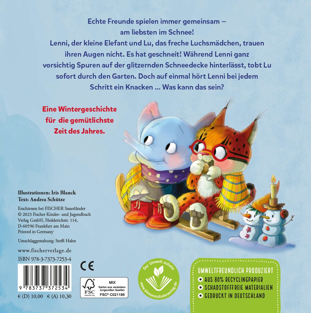 Rückseite eines Buches. Text und Illustrationen von Lenni und Lu. Mit Logos und Informationen zur Nachhaltigkeit.