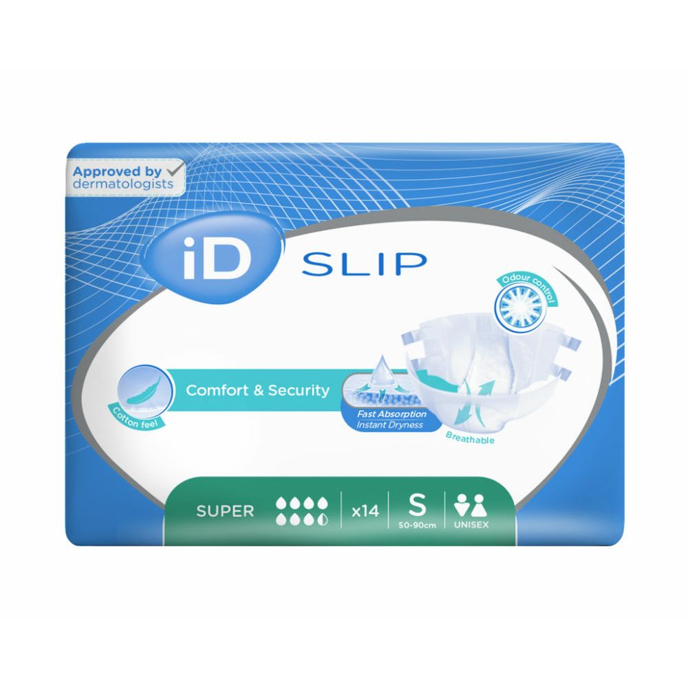 iD Slip Super-Packung. Blau-weißes Design. Text: Comfort & Security, Fast Absorption, Instant Dryness, x14, S, Unisex. Dermatologisch getestet.
