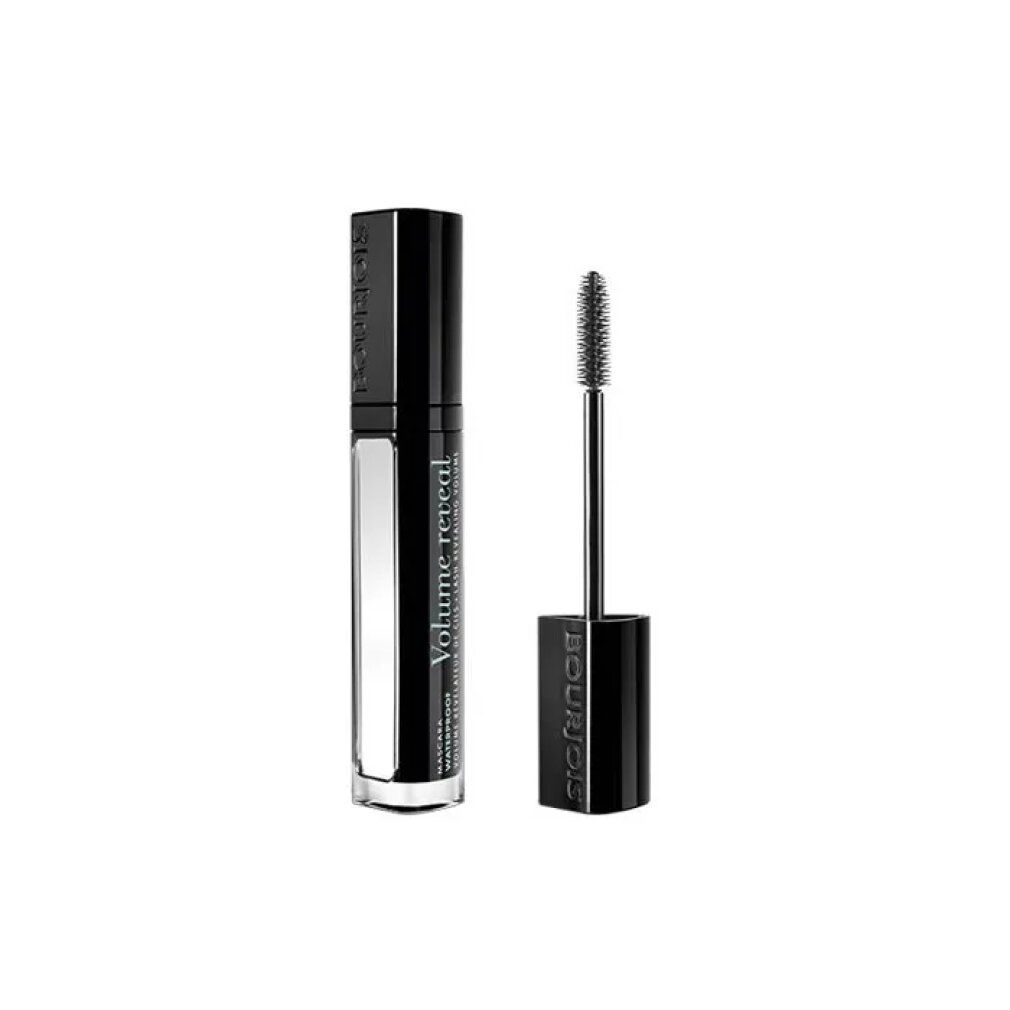Schwarze Mascara-Tube mit Bürste. Text: Bourjois, Volume Reveal, Waterproof.