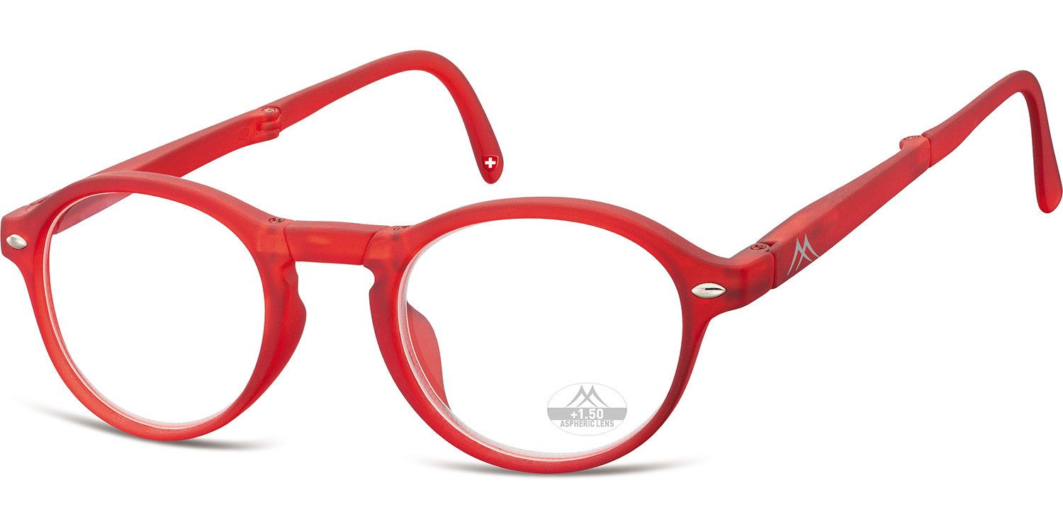 Rote, runde Lesebrille, teilweise zusammengeklappt. Bügel und Rahmen aus Kunststoff. Logo und Markierungen sichtbar.
