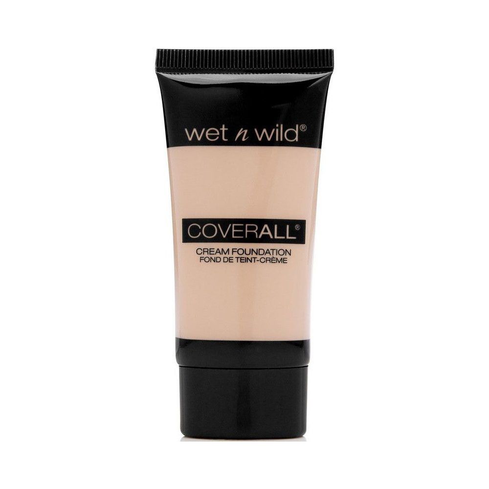 Tube Creme-Foundation. Marke: Wet n Wild. Schwarzer Deckel und Schriftzug. Produktname: Coverall. Text: Cream Foundation, Fond de Teint-Crème.