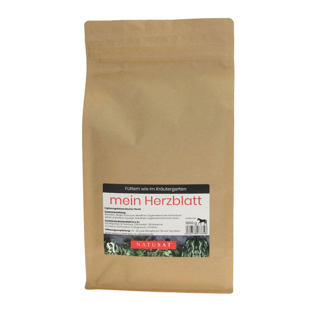 Braune Papiertüte mit schwarzem Etikett. Aufschrift: Mein Herzblatt, Natusat. 1000g.