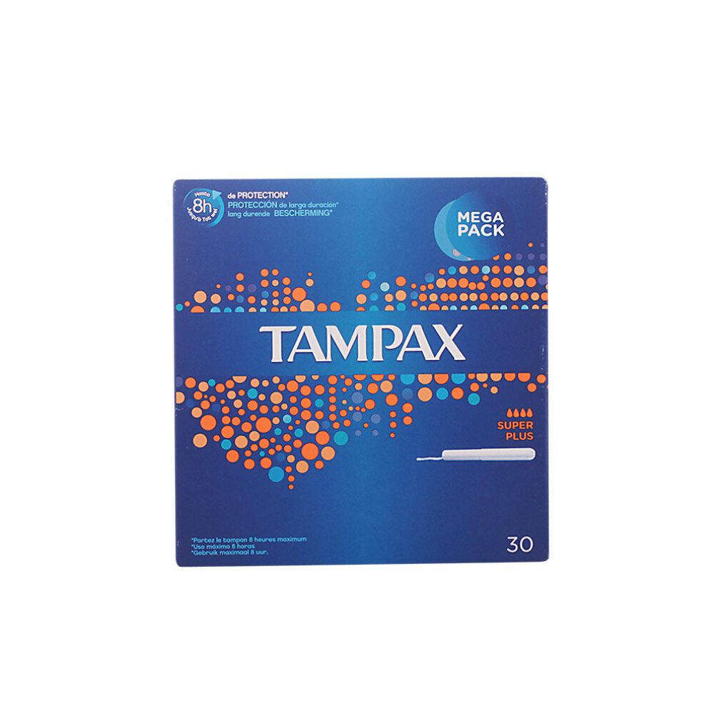 Blauwe doos met TAMPAX Super Plus tampons. Mega Pack. 30 stuks. 8 uur bescherming.