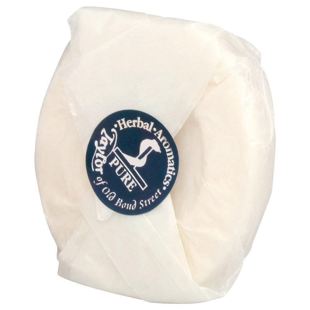 Taylor of Old Bond Street Traditionelle Rasierseife Nachfüllpackung, weiß, in Papier gewickelt.
