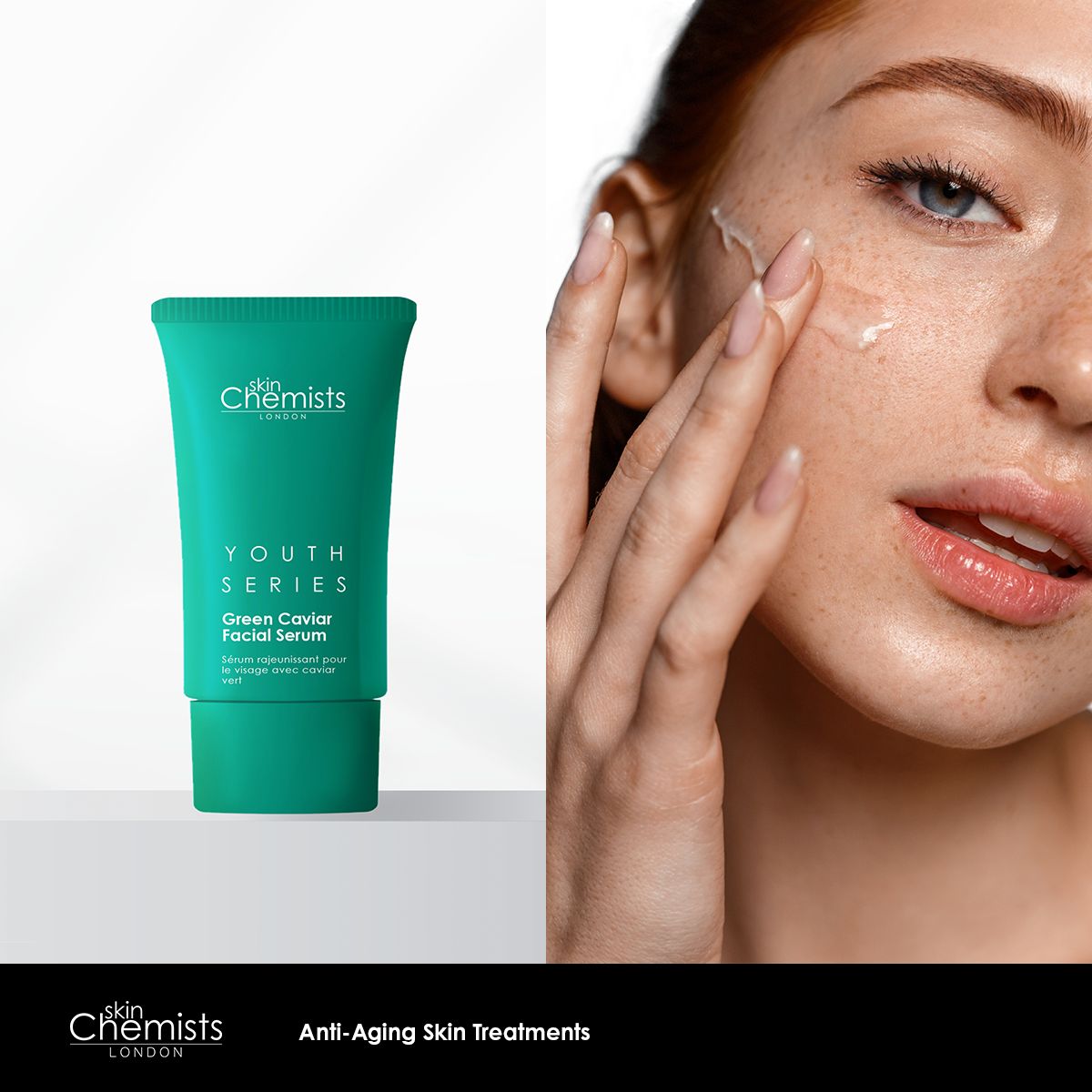 Grüne Tube Serum neben Gesicht einer Frau. Text: Youth Series Green Caviar Facial Serum. Logo SkinChemists London. Text: Anti-Aging Skin Treatments.