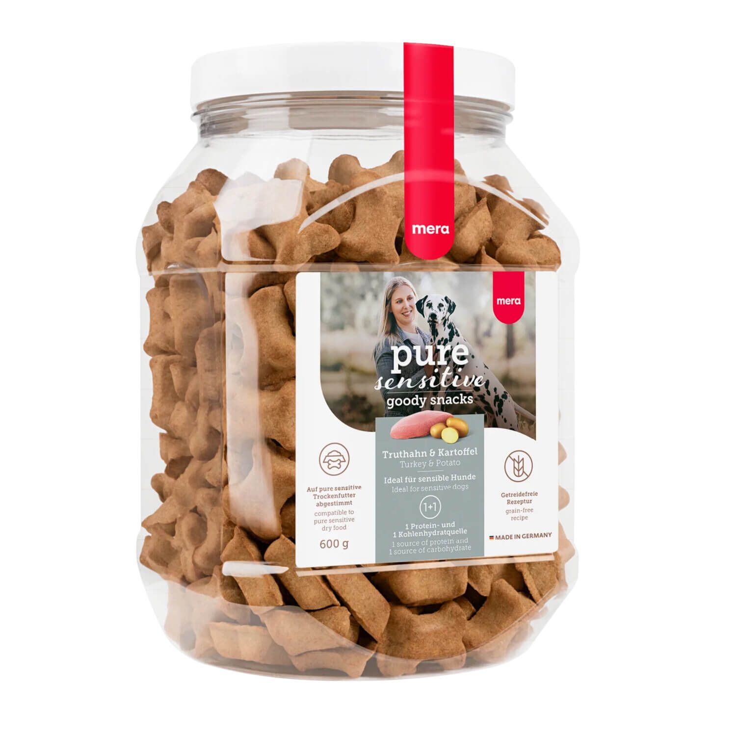 Transparente Dose mit Hundesnacks. Aufkleber mit Produktinformationen und Logo. Roter Verschluss.