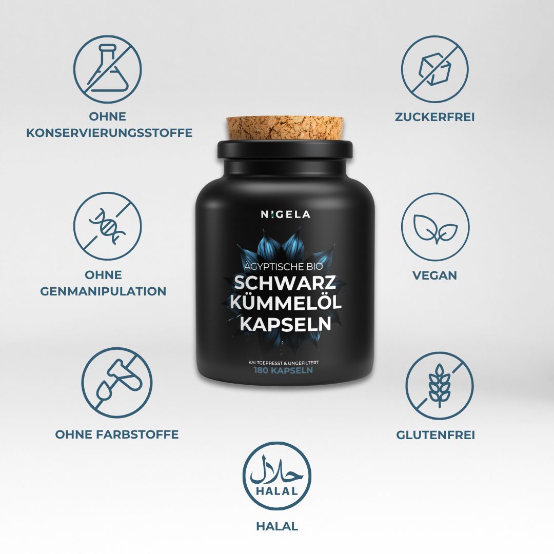 Schwarze Flasche mit Kapseln. Aufschrift: Nigela Schwarzkümmelöl Kapseln. 180 Kapseln. Symbole: Ohne Konservierungsstoffe, Zuckerfrei, Vegan, Glutenfrei.