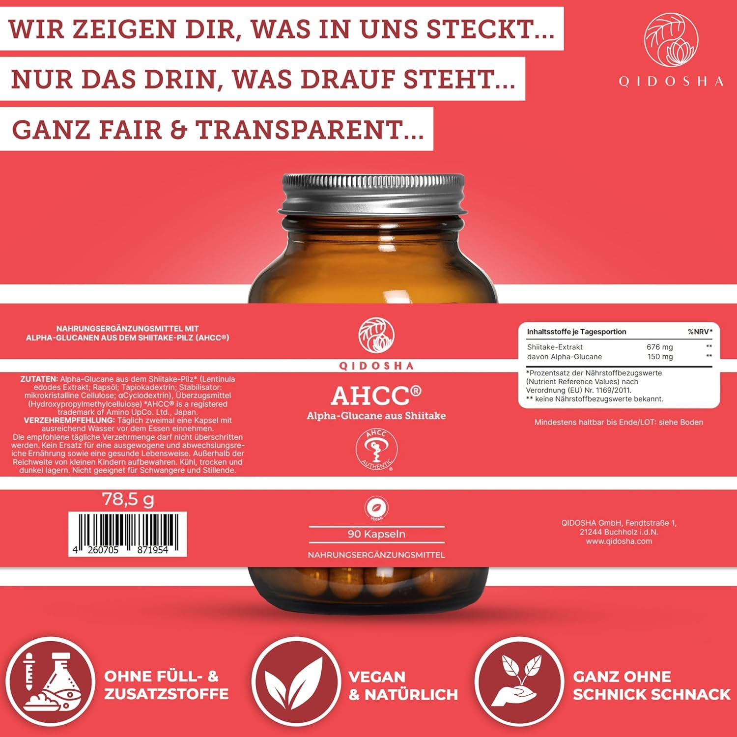 Braune Glasflasche mit Kapseln. Roter Hintergrund mit Text. Produktname: QIDOSHA AHCC® Alpha-Glucane aus Shiitake. 90 Kapseln. Vegan & natürlich. Ohne Zusatzstoffe.