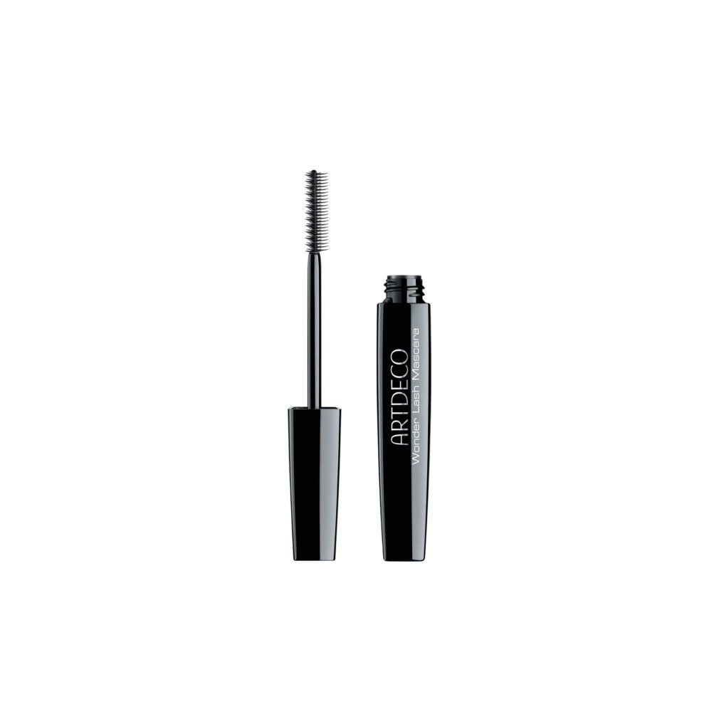 Artdeco Wonder Lash Mascara, schwarzer Behälter und Applikator nebeneinander.