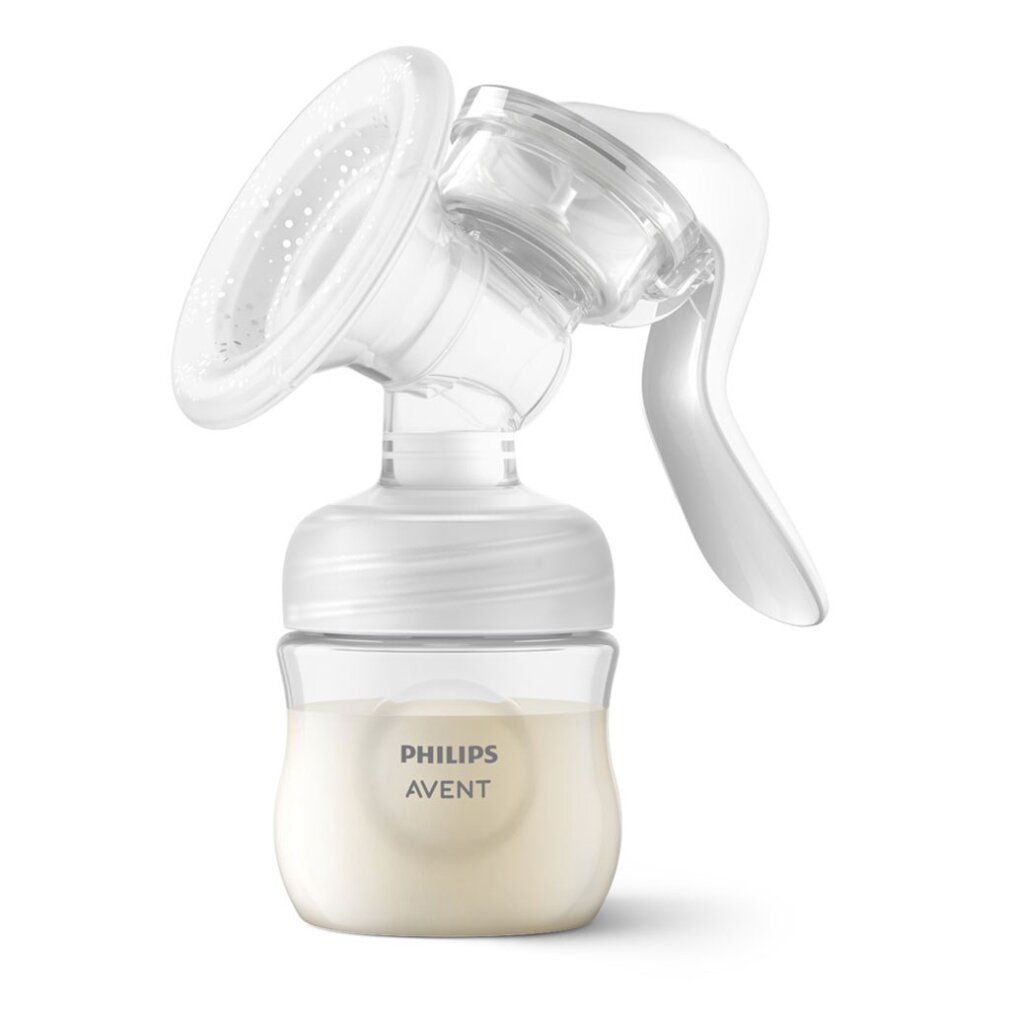 Handmilchpumpe mit Flasche. Marke: Philips Avent. Transparente und weiße Kunststoffteile. Milch im Behälter. Auf weißem Hintergrund.