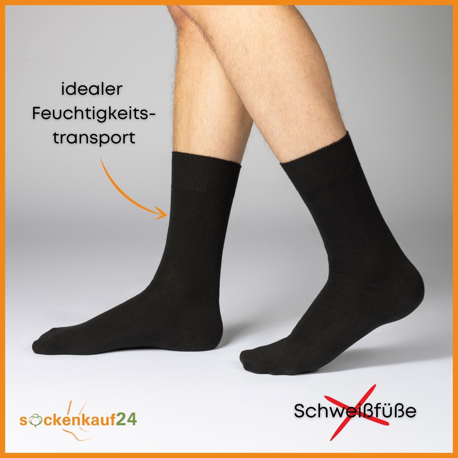 Person trägt schwarze Socken. Pfeil zeigt auf Text: "idealer Feuchtigkeitstransport". Rotes Kreuz über "Schweißfüße".
