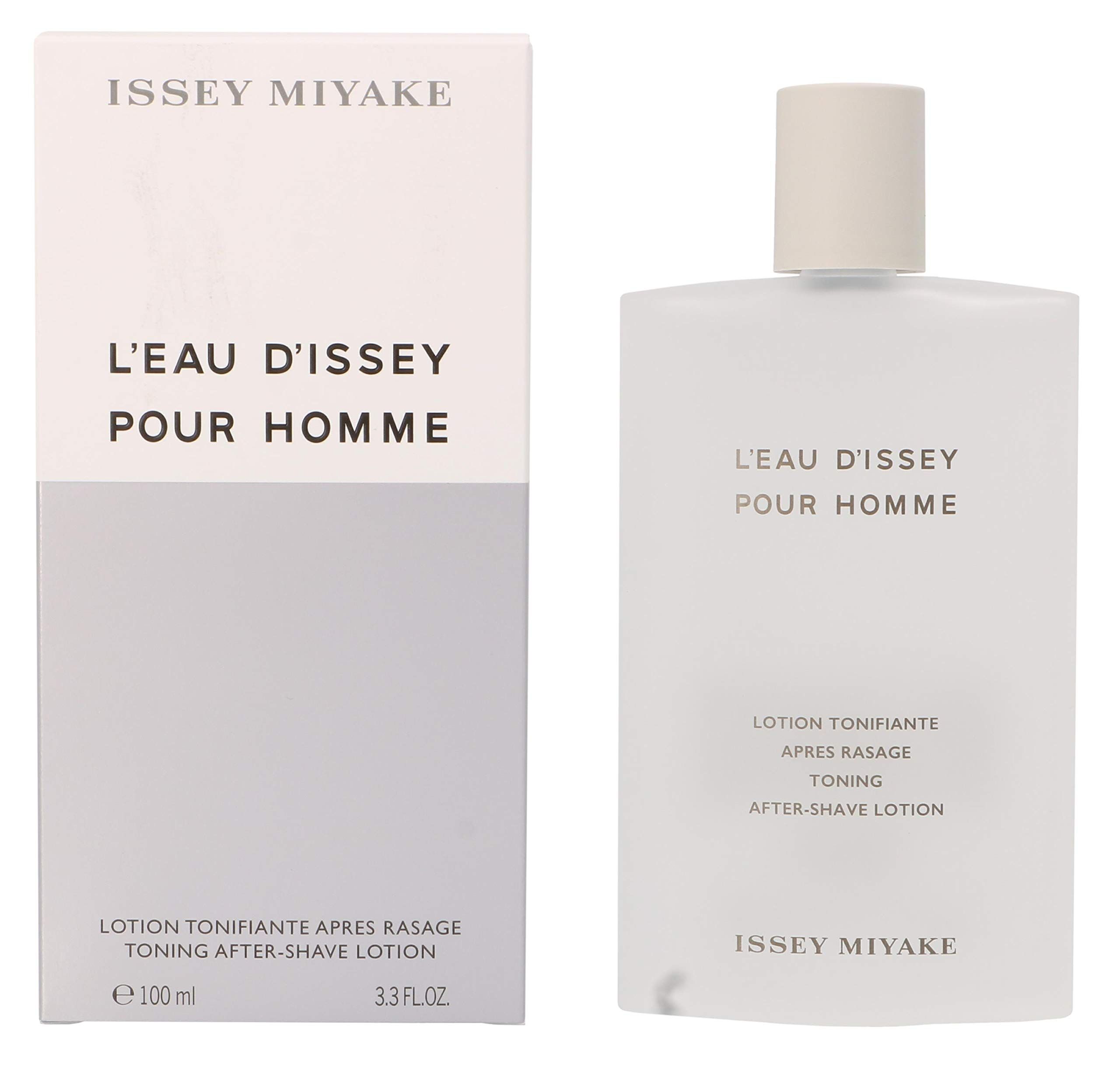 Weiße Flasche und Schachtel. Aufschrift: L'Eau d'Issey pour Homme, Lotion Tonifiante, Après Rasage, Toning, After-Shave Lotion. Marke: Issey Miyake.