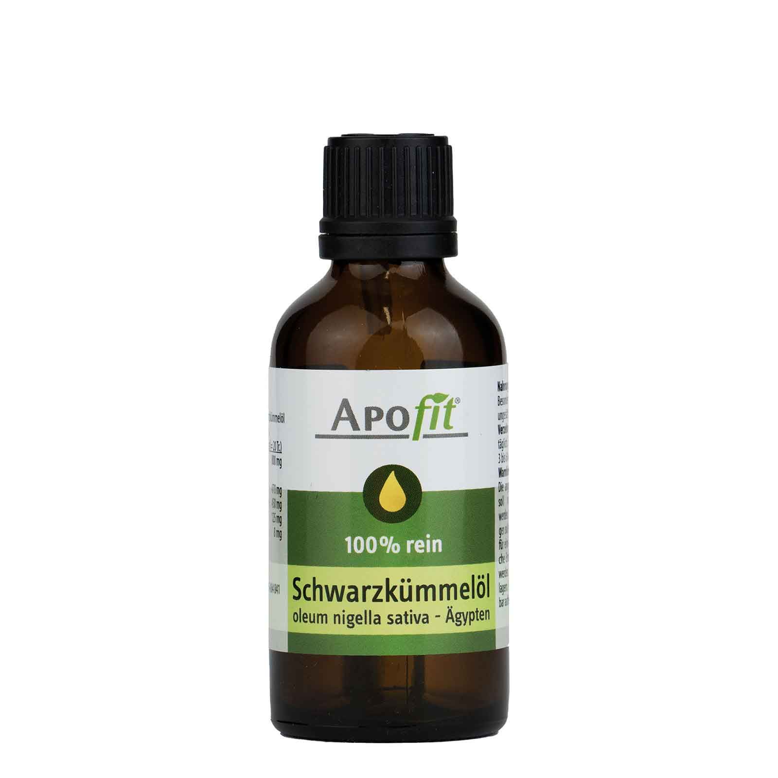 APOfit Schwarzkümmelöl in einer braunen Glasflasche mit schwarzem Schraubverschluss. Das Etikett zeigt den Markennamen, eine grüne Fläche mit einem gelben Tropfen und die Aufschrift "100% rein". Darunter steht "Schwarzkümmelöl" und der Hinweis auf die Herkunft "oleum nigella sativa - Ägypten".