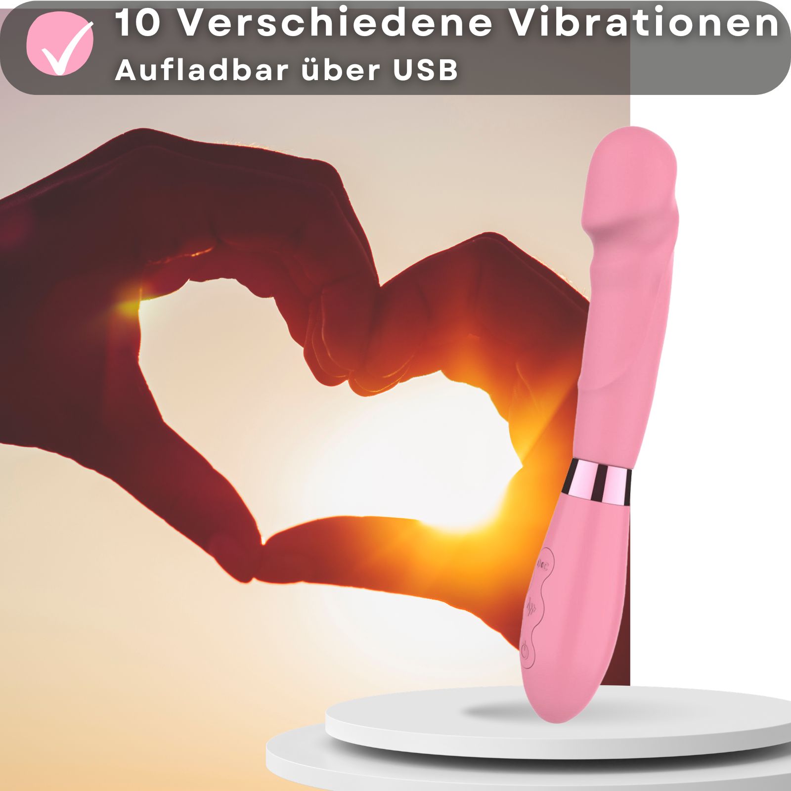 Rosa Vibrator. Silikon. 21 cm lang, 3,5 cm Durchmesser. Wiederaufladbar über USB. 10 Modi.