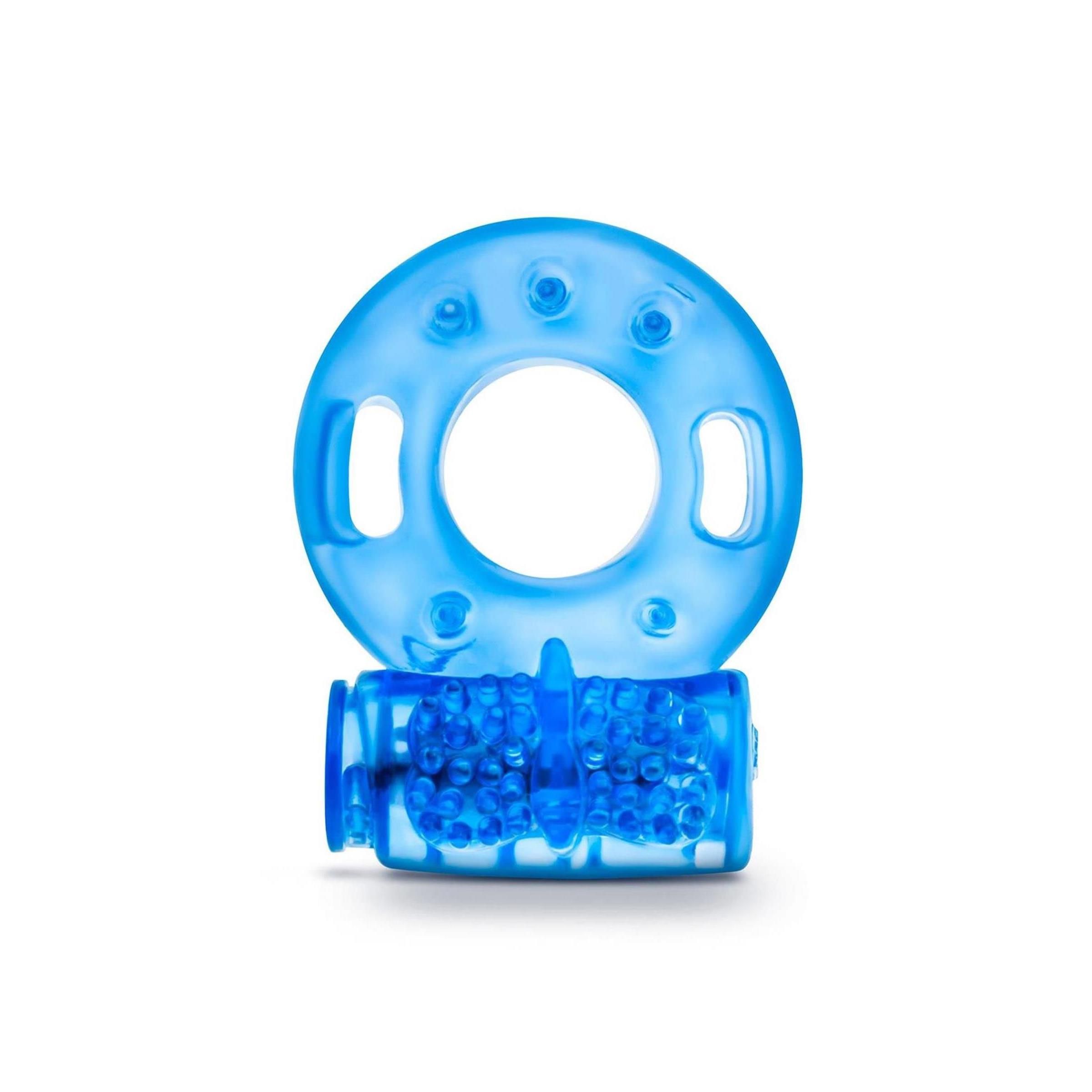 Blauer Cockring mit Noppen und Öffnung. Ringförmig mit einer Basis. Transparentes Material.