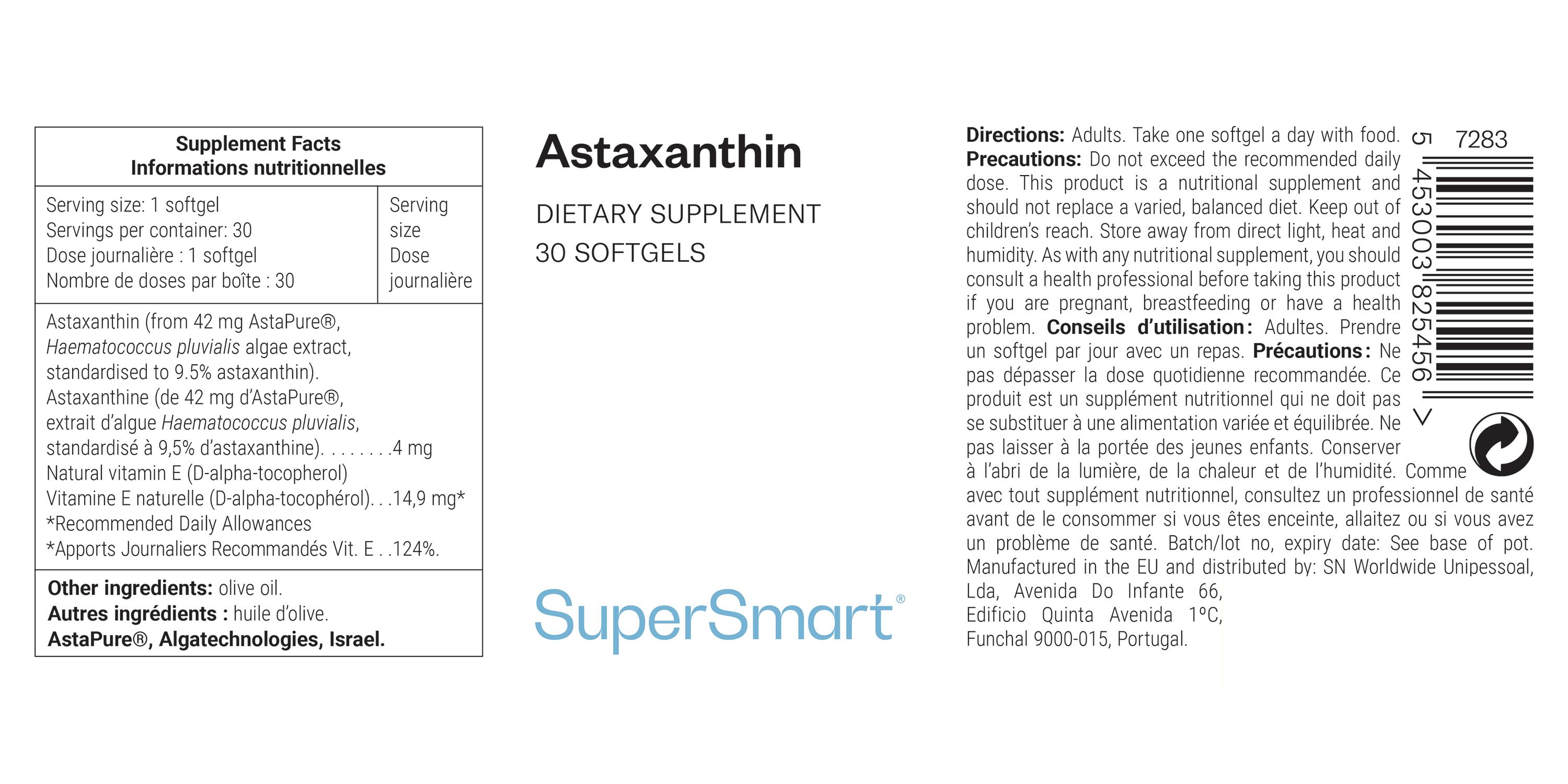 Astaxanthin-Nahrungsergänzungsmittel. 30 Softgels. SuperSmart-Marke. Etikett mit Nährwertangaben und Anweisungen.
