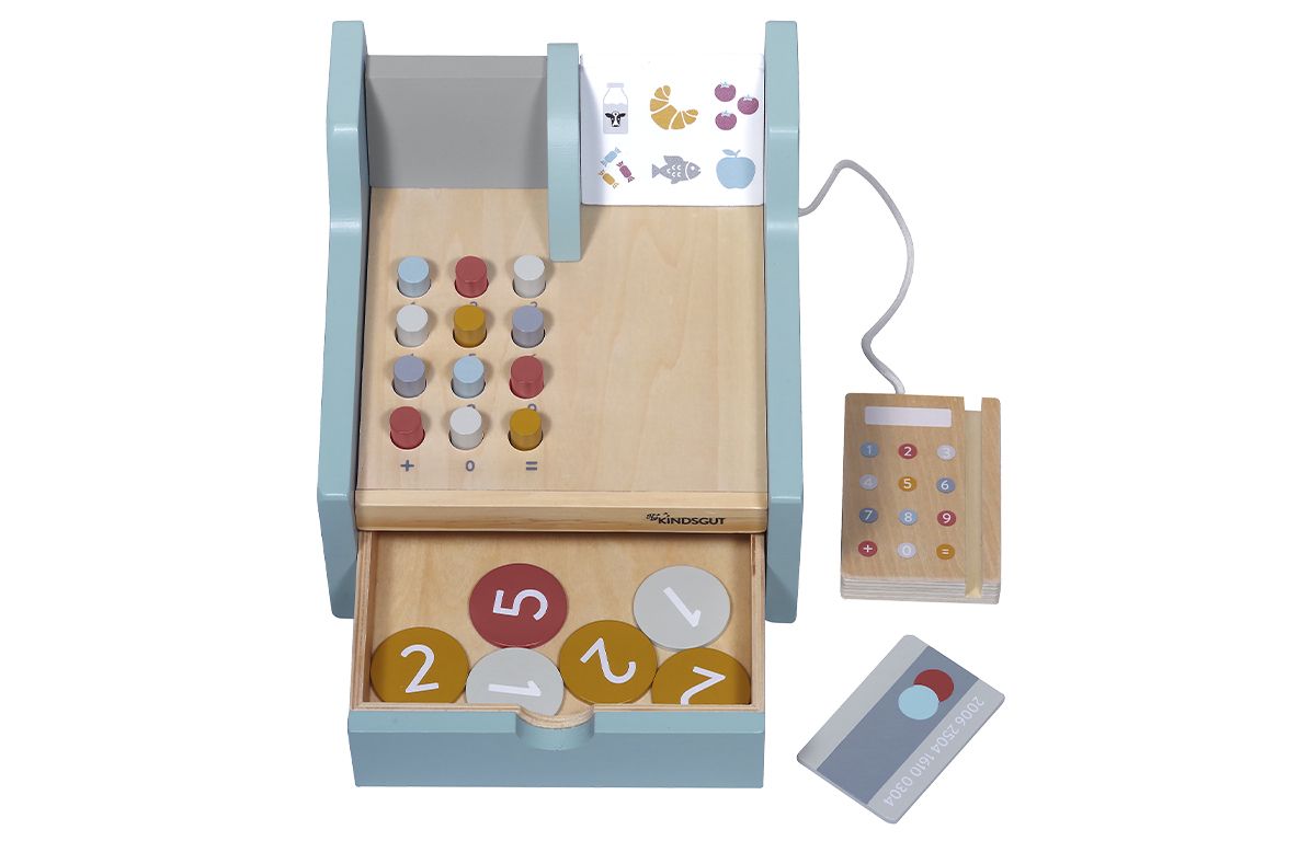 Spielkasse mit Knöpfen, Schublade und Scanner. Münzen und Karte liegen daneben. Marke Kindsgut.