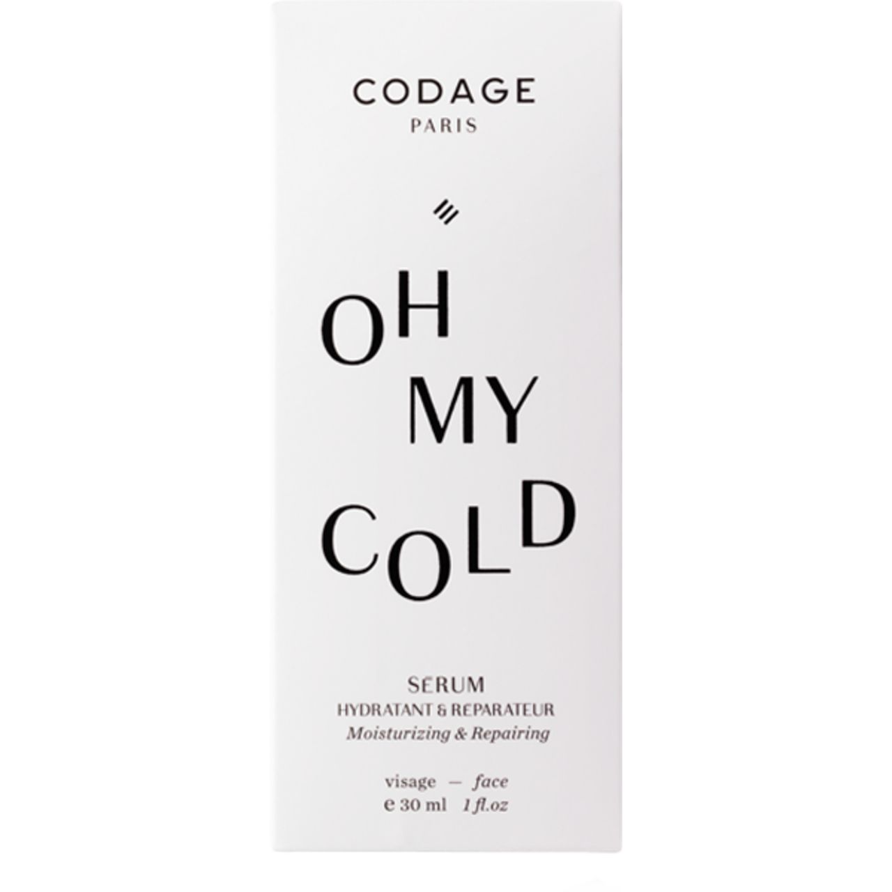 Weiße Verpackung mit Aufschrift: Codage Paris, Oh My Cold Serum. Text: Serum, Hydratant & Réparateur, visage - face.