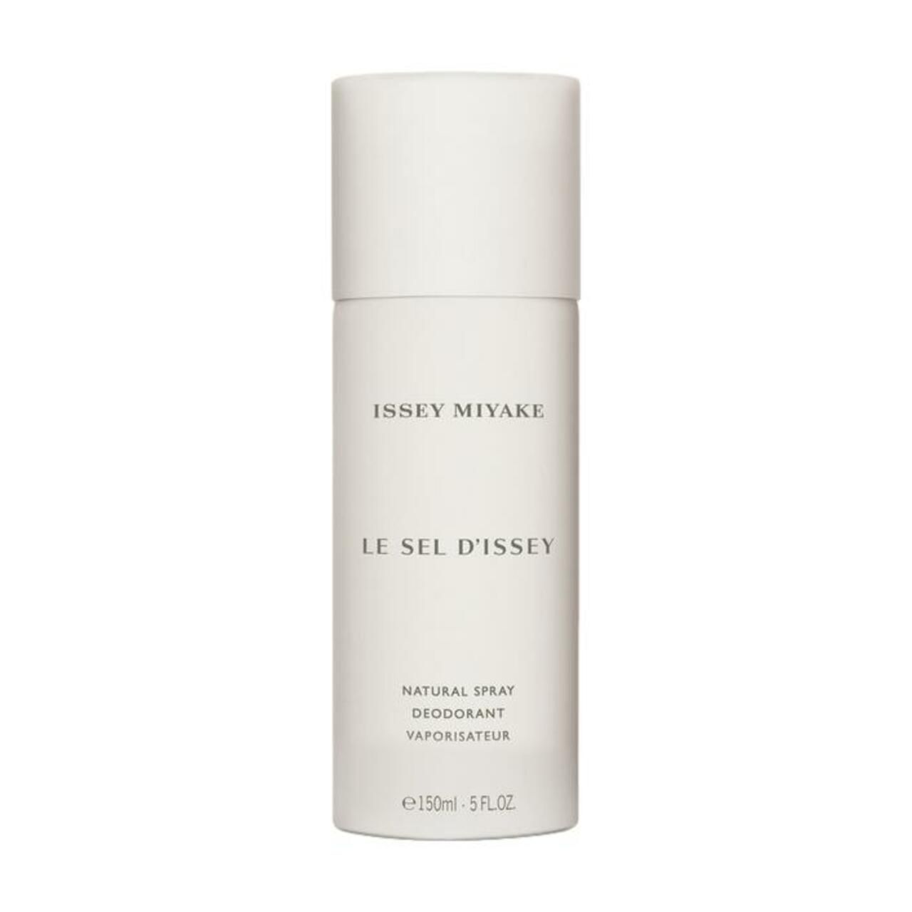 Zylindrische Deospray-Flasche mit weißem Deckel. Aufschrift: Issey Miyake, Le Sel d'Issey, Natural Spray Deodorant, Vaporisateur.