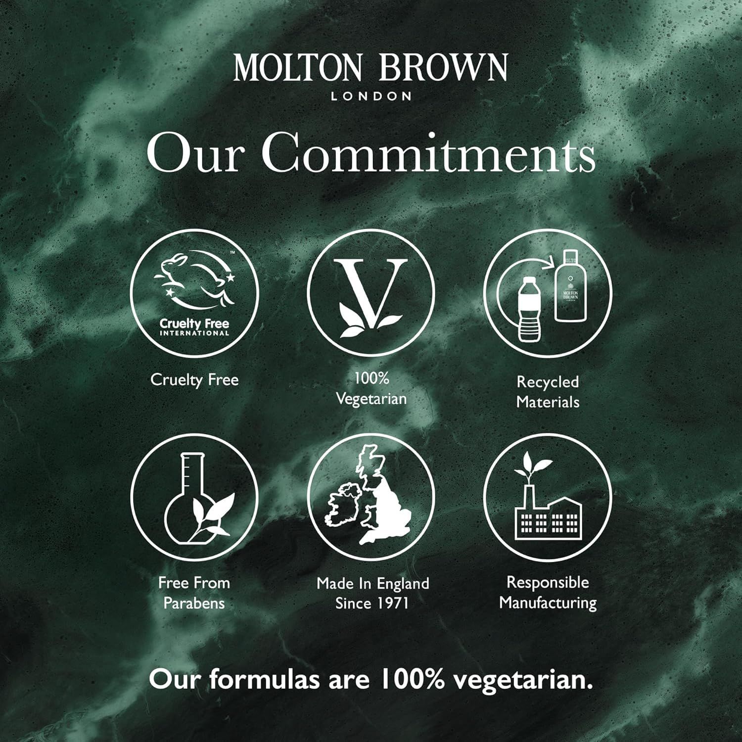 Grafik mit Logos und Text. Logos für: Cruelty Free, 100% Vegetarisch, Recycled Materials, Free From Parabens, Made in England, Responsible Manufacturing.