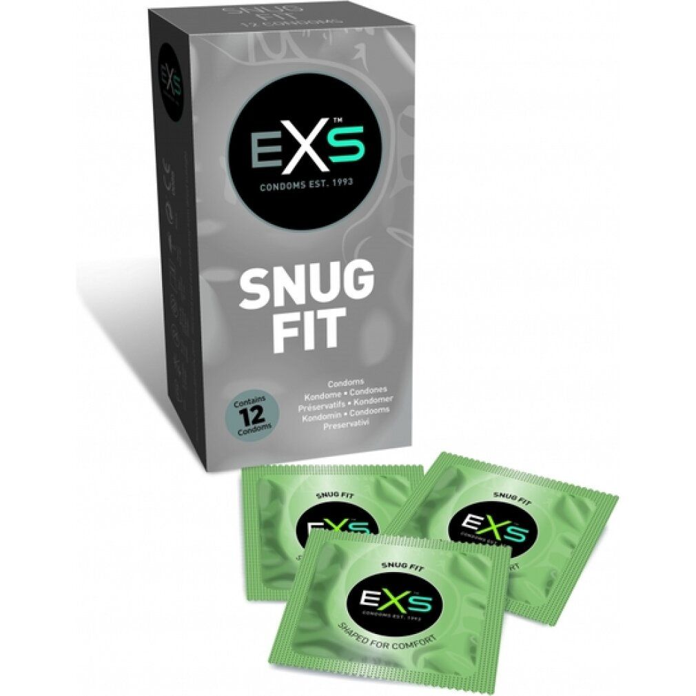 Schachtel mit 12 EXS Snug Fit Kondomen und 3 Einzelverpackungen. Aufschrift: Snug Fit. Logo: EXS Condoms Est. 1993.