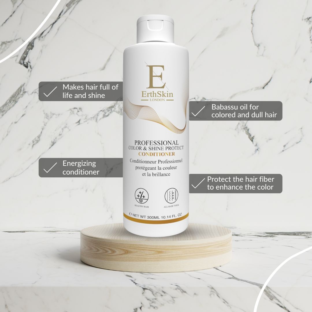 ErthSkin London Conditioner auf einem Holzsockel, mit Textfeldern, die Vorteile hervorheben.