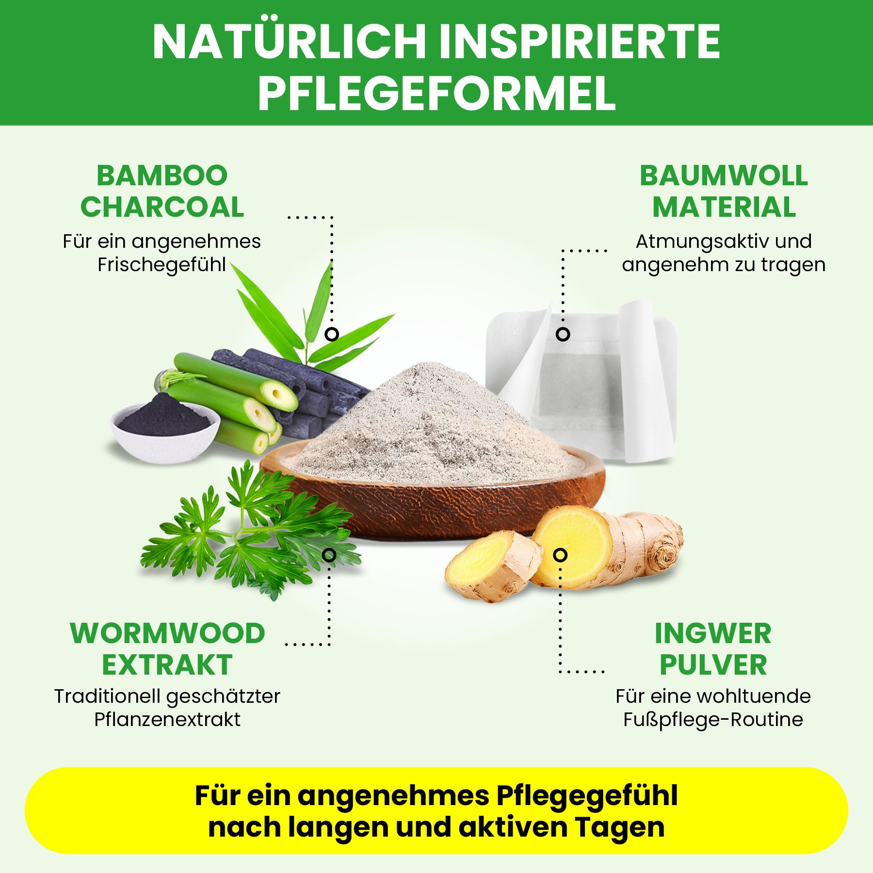 Zutaten für Fußpflege: Bambuskohle, Baumwollmaterial, Wurzeltrakt und Ingwerpulver.