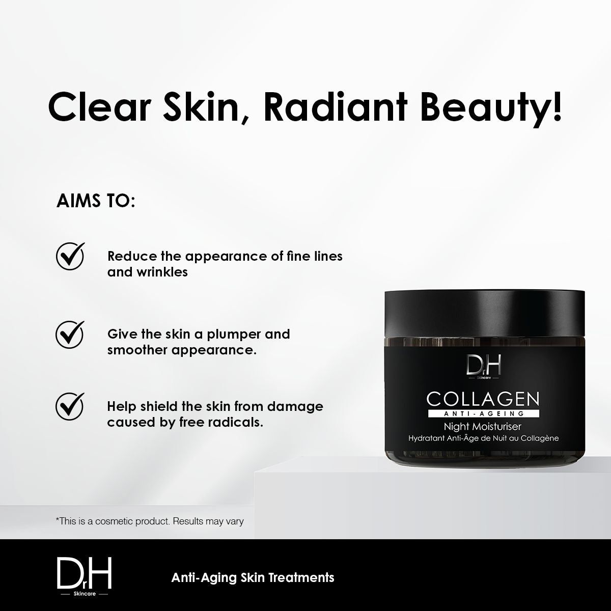 Schwarzer Tiegel mit "COLLAGEN ANTI-AGEING Night Moisturiser". Text: "D.H. Skin care". Ziele: Reduzierung von Falten, glattere Haut, Schutz.