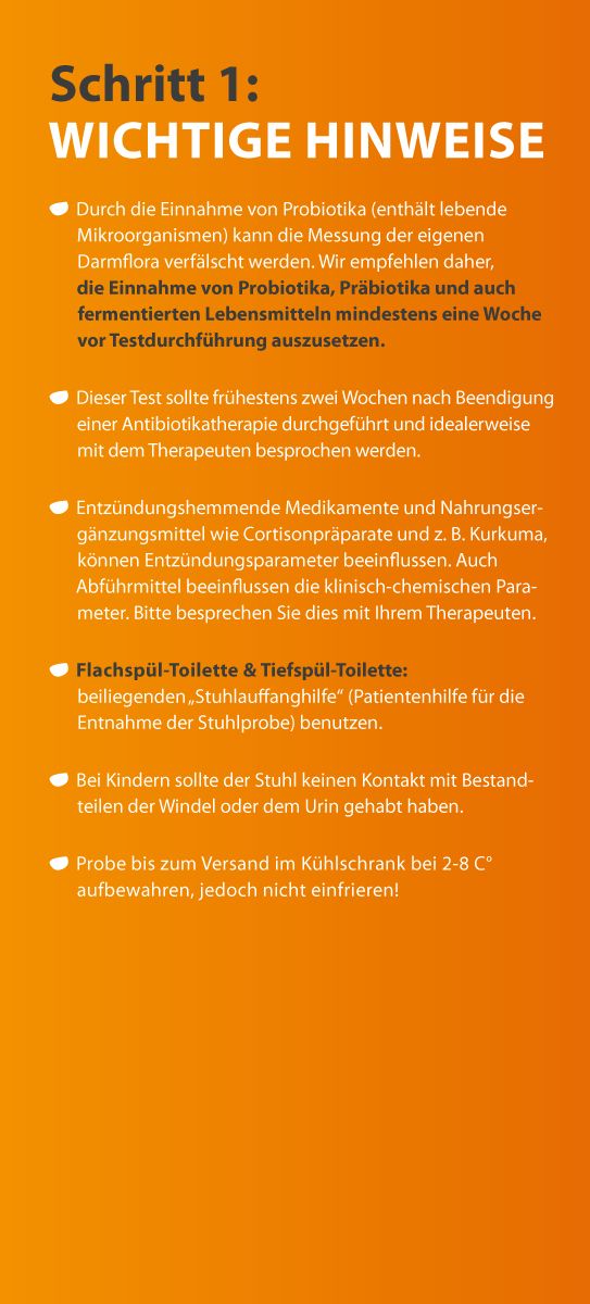 Text auf orangefarbenem Hintergrund: "Wichtige Hinweise" und Informationen zur Durchführung des Tests.