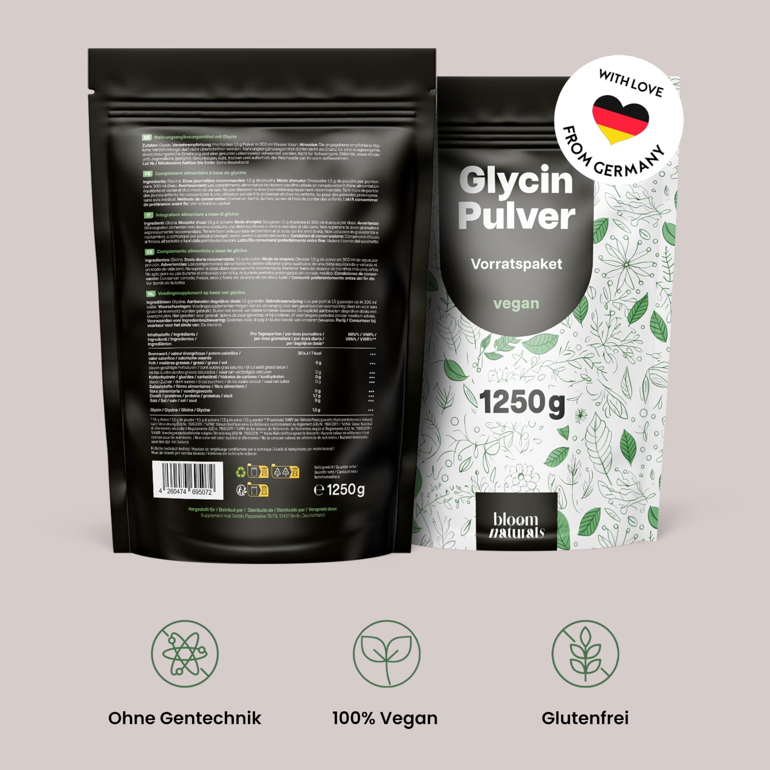 Schwarze Verpackung mit Text. "Glycin Pulver", "Vorratspaket", "vegan", 1250g. Mit Liebe aus Deutschland. Ohne Gentechnik, 100% vegan, glutenfrei.