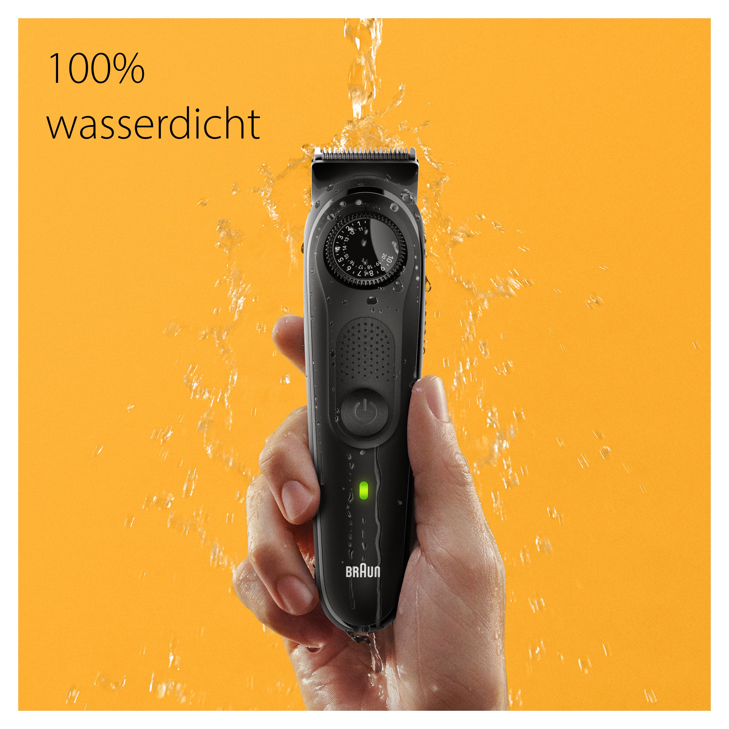 Schwarzer Bartschneider unter Wasser. Gelber Hintergrund. Text: 100% wasserdicht. Marke Braun.