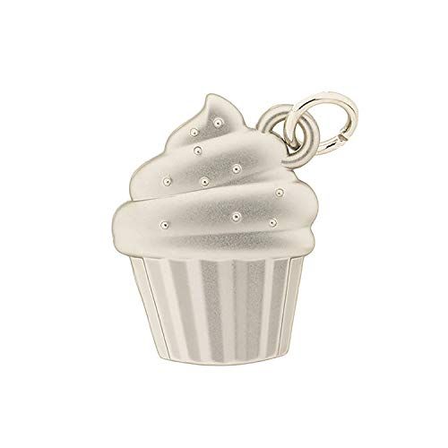 Silberfarbener Cupcake-Charm mit Anhänger. Details: Streifen, Punkte, Anhängerring.