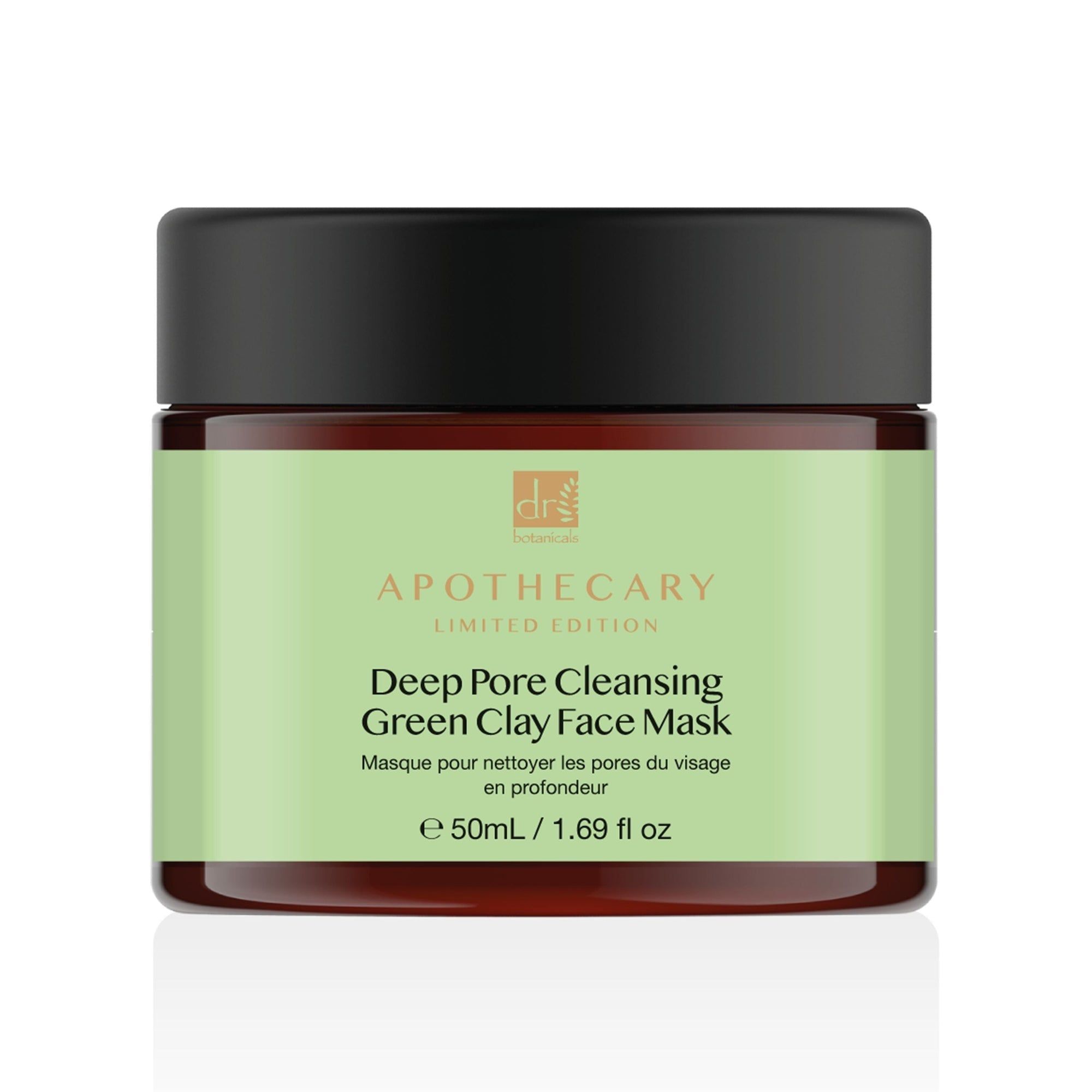 Grüne Ton-Gesichtsmaske in einem Glas mit schwarzem Deckel. Aufschrift: Deep Pore Cleansing Green Clay Face Mask.