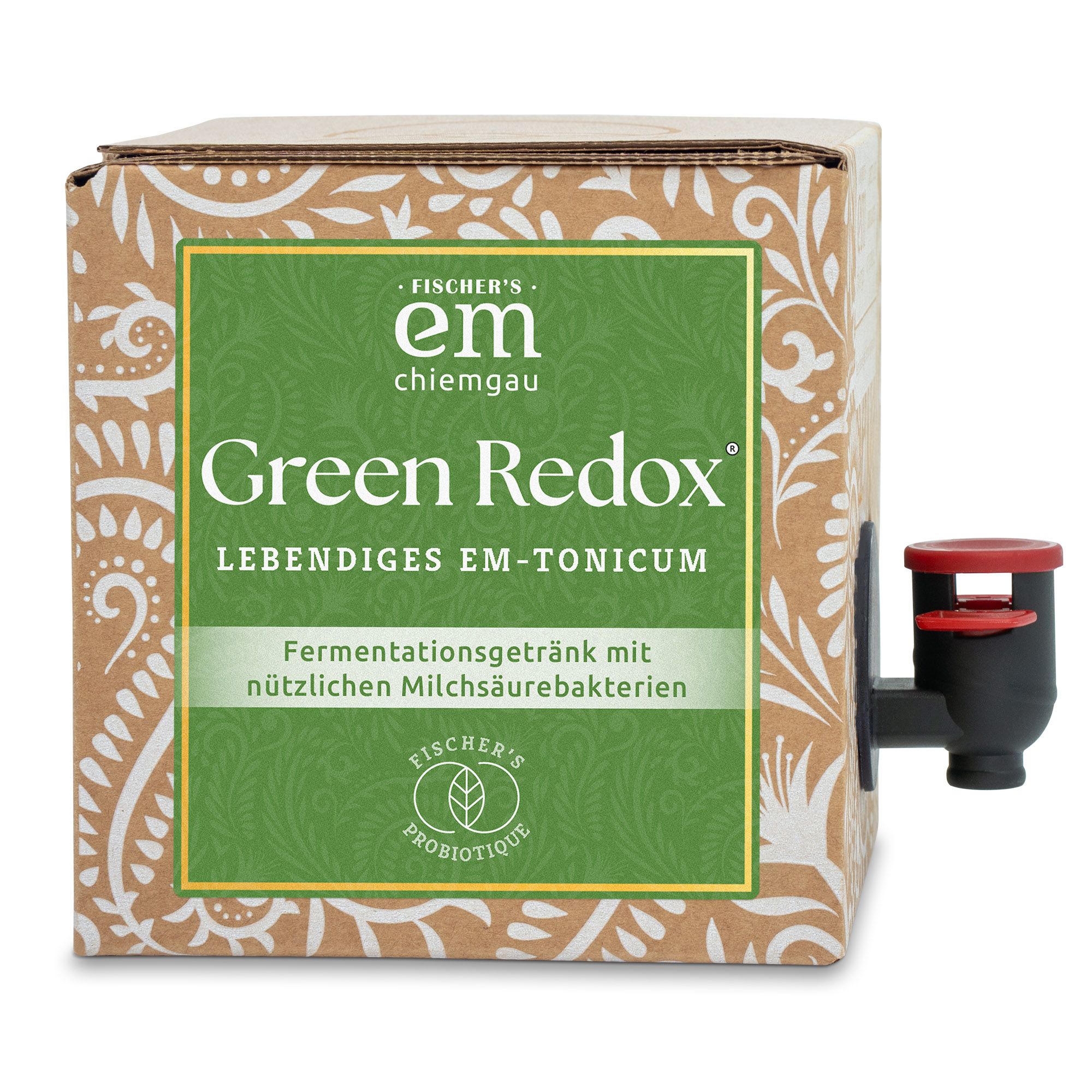 Karton mit grünem Etikett. Aufschrift: Green Redox, lebendiges EM-Tonicum. Mit Zapfhahn. Marke: Fischer's EM Chiemgau.