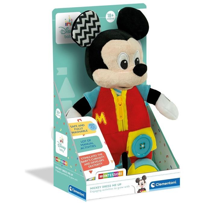Peluche di Topolino in confezione. Salopette rossa con zip gialla e bottone. Elementi blu e gialli. Marchio Clementoni.