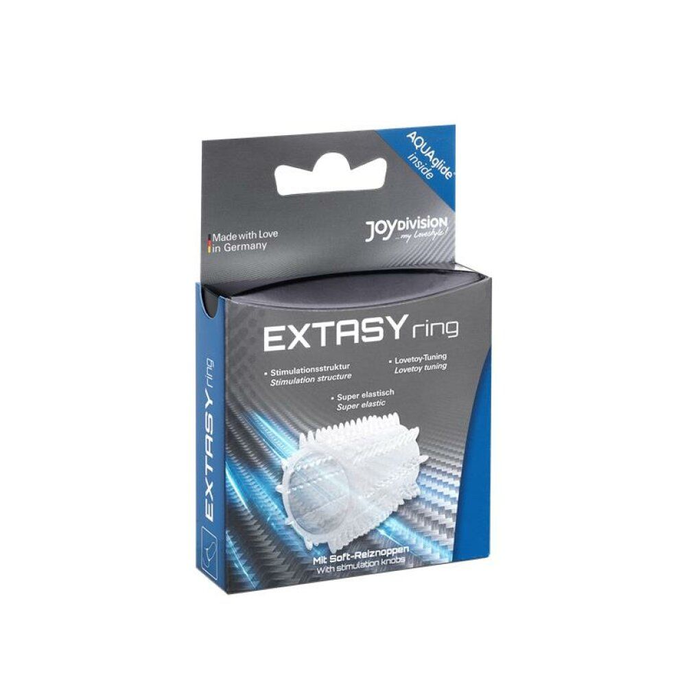 Verpackung mit transparentem EXTASYring. Marke: joydivision. Mit AquaGlide.