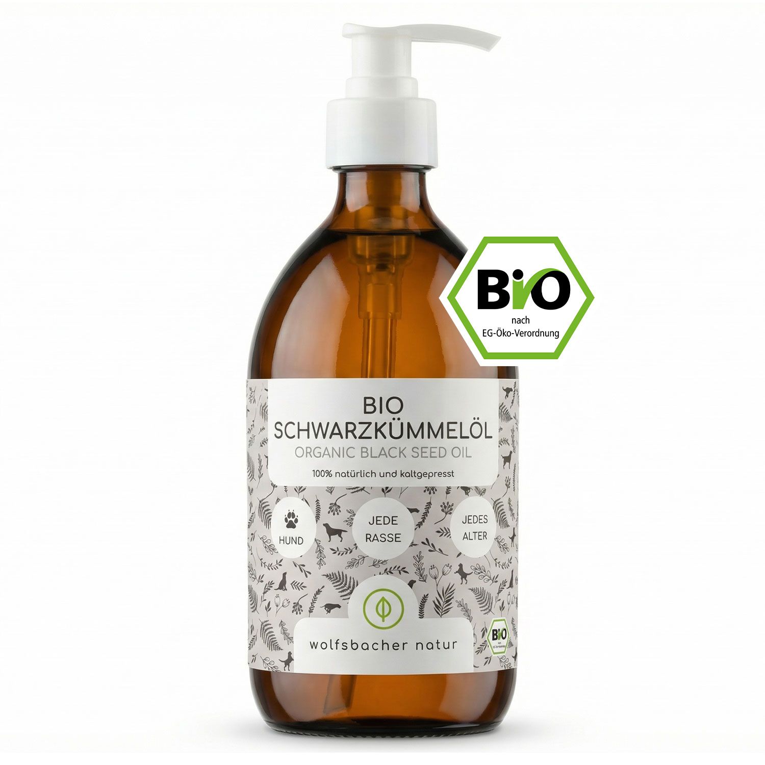 Braune Flasche mit Pumpe, Etikett mit Aufschrift BIO SCHWARZKÜMMELÖL. Bio-Siegel. Text: 100% natürlich und kaltgepresst.