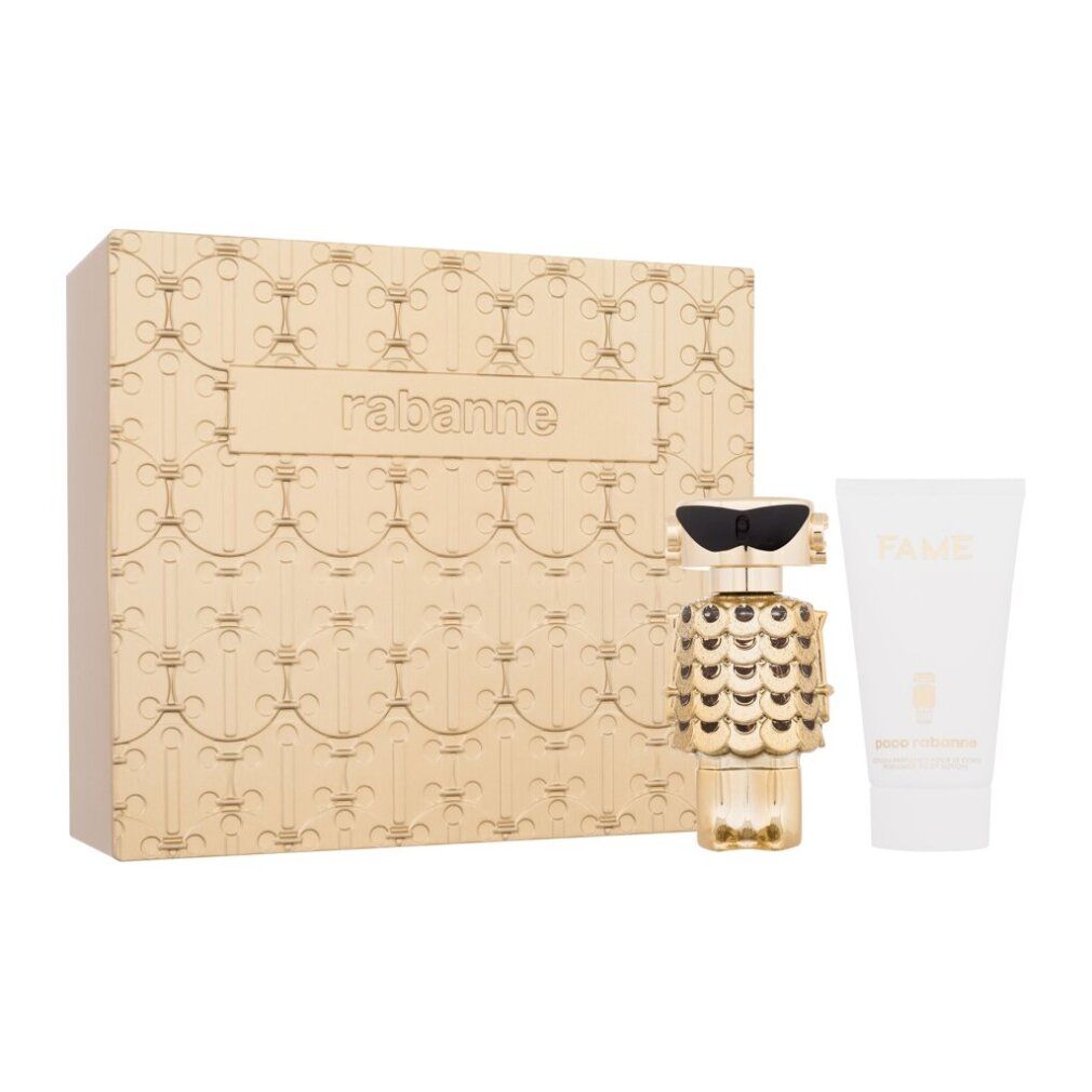 Rabanne Geschenkset mit goldener Parfümflasche und weißer Bodylotion-Tube.