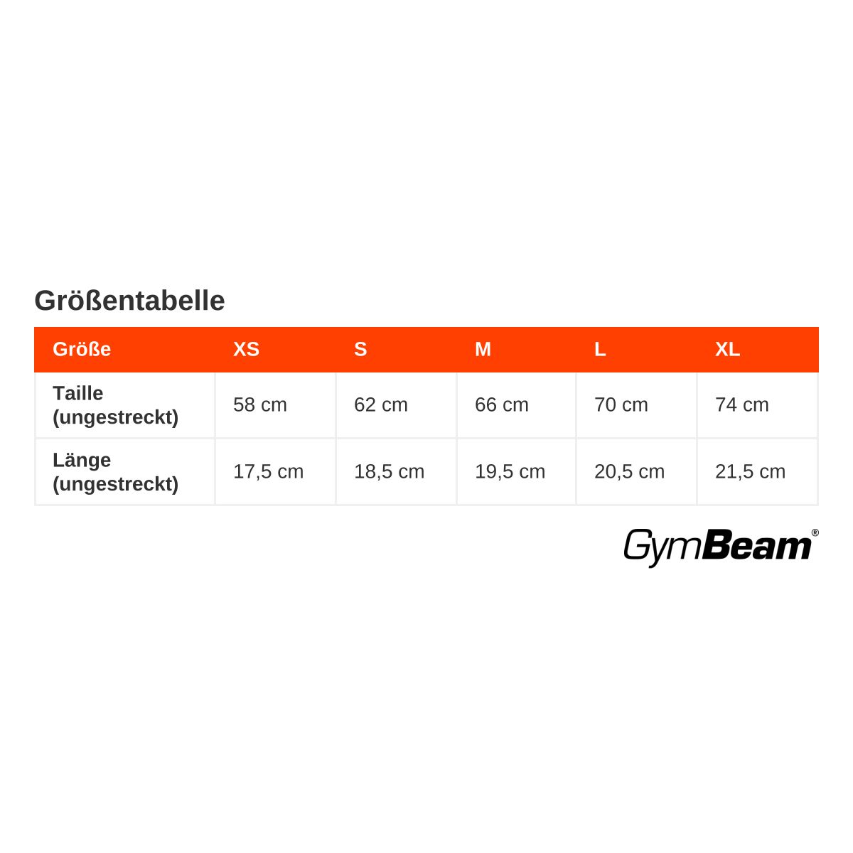 Größentabelle für GymBeam Slips: XS bis XL, Maße in cm.