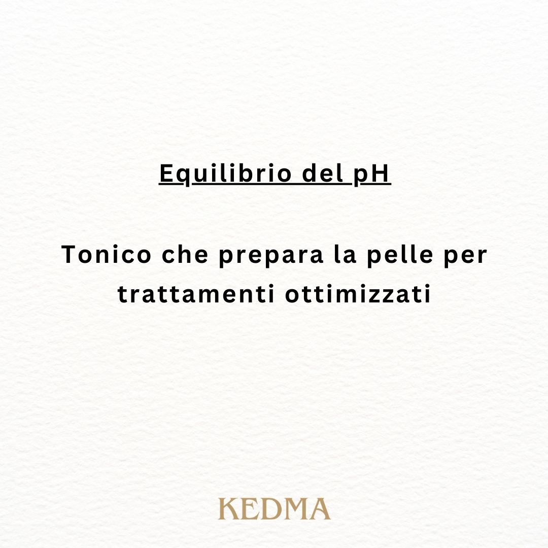 Testo su sfondo color crema. Titolo: Equilibrio del pH. Testo: Tonico che prepara la pelle per trattamenti ottimizzati. Logo Kedma.