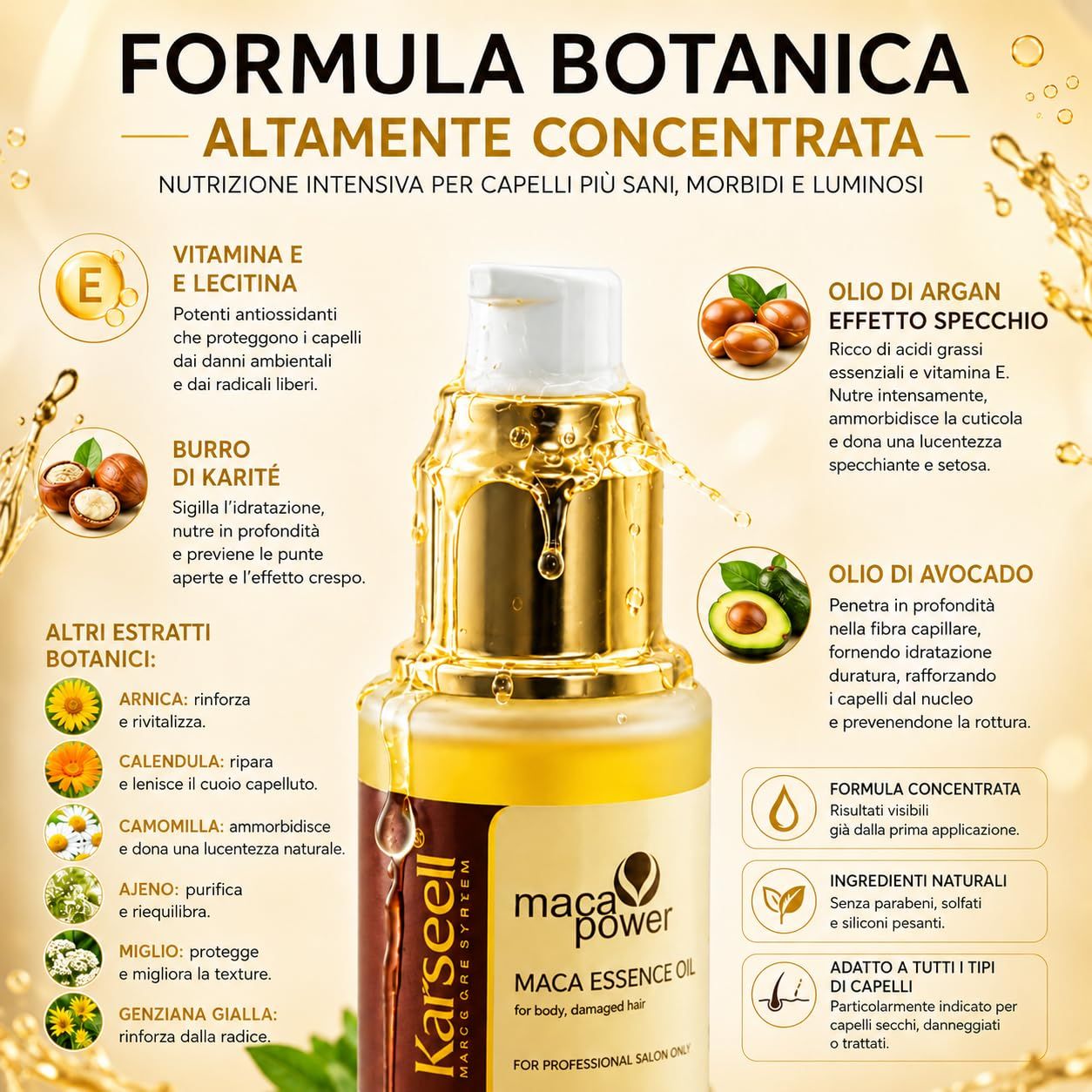 Flasche mit goldenem Haaröl, Marke Karseeell, Maca Power, konzentrierte Formel.