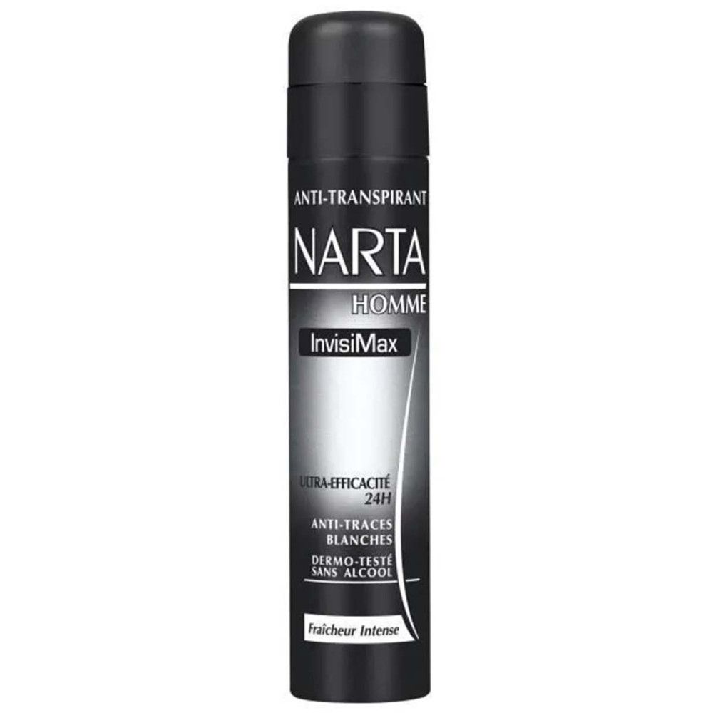 Schwarz-silberne Sprühflasche. Beschriftung: NARTA Homme InvisiMax, Anti-Transpirant, 24H, Anti-Traces Blanches, Dermo-Testé Sans Alcool.